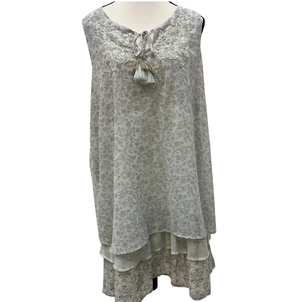 Xhilaration Sleeveless Tunic Dress Womens XXL Grey Good Floral Boho Tiered Hem